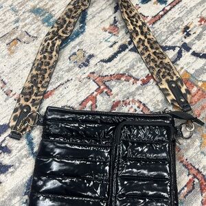 THINK ROYLN Black Quilted Crossbody Bag with Leopard Strap